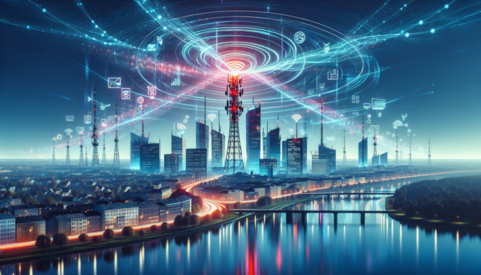 Nowoczesne miasto w Polsce z wieżami 5G, strumienie danych ??cz?ce obszary miejskie i wiejskie, loga Orange, Play i Plus.