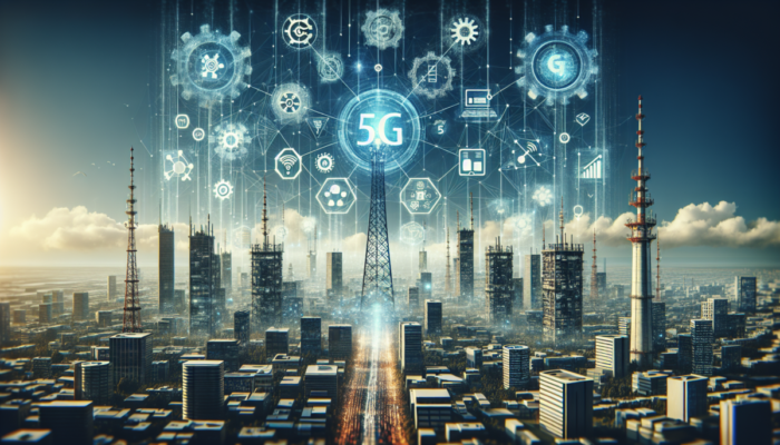Futurystyczne miasto z wieżami 5G, po??czone przemys?y i hologramy nowoczesnych modeli biznesowych.