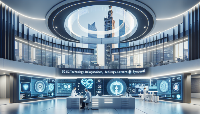 Nowoczesna klinika medyczna w Warszawie, korzystaj?ca z 5G do telemedycyny, z zaawansowanymi ekranami do diagnoz i konsultacji.