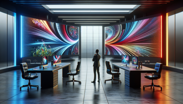 Zakrzywiony i p?aski monitor na biurkach w nowoczesnym biurze, osoba porównuj?ca je, otoczona gadżetami technologicznymi.