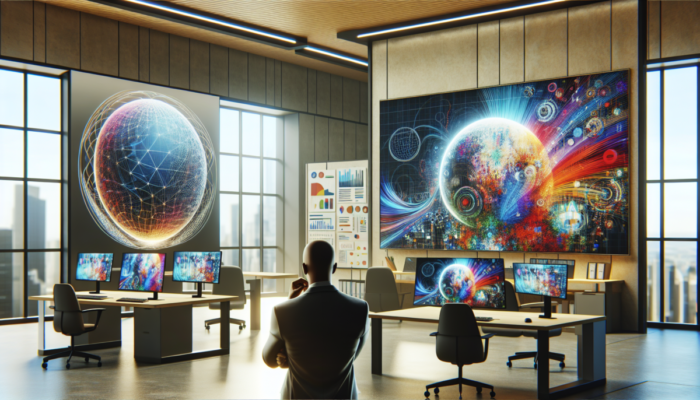 Zakrzywiony monitor po lewej i p?aski po prawej, osoba zastanawiaj?ca si? z przodu.