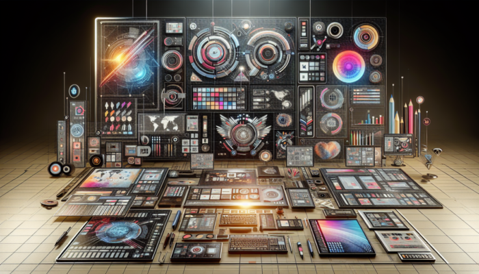 Nowoczesne stanowisko pracy w 2023 roku z najnowszymi interfejsami oprogramowania do projektowania graficznego na wielu ekranach wysokiej rozdzielczo?ci, otoczone kreatywnymi narz?dziami i żywymi elementami projektowymi.