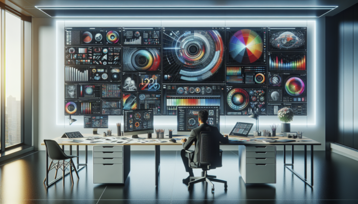 Nowoczesne stanowisko pracy z wieloma ekranami pokazuj?cymi interfejsy najlepszych programów do projektowania graficznego 2023, z projektantem i narz?dziami.