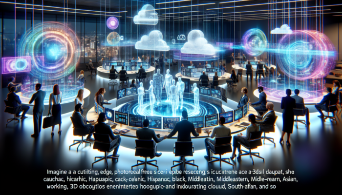 Pracownicy w futurystycznym biurze korzystaj?cy z holograficznej technologii chmury, zwi?kszaj?c produktywno?? i wspó?prac?.