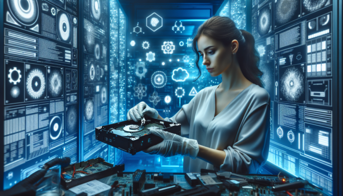 Technicy w laboratorium odzyskuj? dane z uszkodzonego komputera, otoczeni zaawansowanymi narz?dziami i ekranami.
