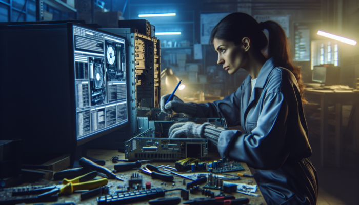 Technicians recovering data from a damaged computer in a workshop, surrounded by tools.