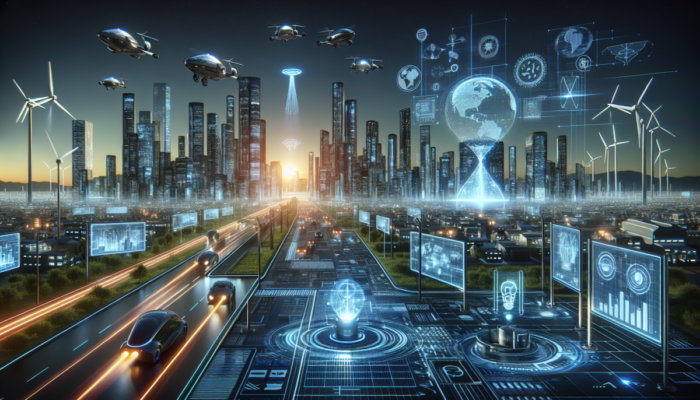 Futurystyczne miasto z zaawansowan? technologi?, lataj?cymi samochodami i hologramami, symbolizuj?ce przysz?o?? rozwoju.