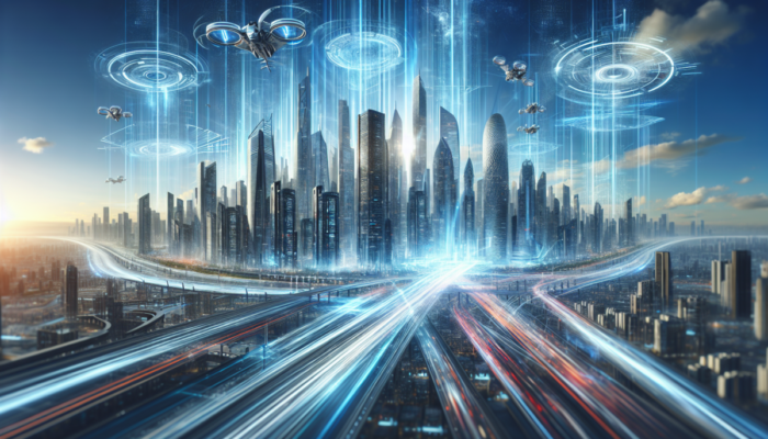 Futurystyczne miasto z zaawansowan? technologi?, wieżowcami, hologramami i innowacyjnym transportem, symbolizuj?ce post?p i przysz?o?? rozwoju.