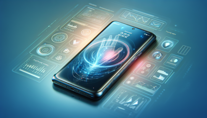 Nowoczesny smartfon z ergonomicznym designem i zaawansowan? technologi? bezpiecze?stwa na mi?kkim, ?wiec?cym tle.