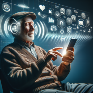 Starszy m?żczyzna korzystaj?cy z telefonu z g?o?nym dzwonkiem i wyraźnymi rozmowami, czuj?c silne wibracje powiadomie?.