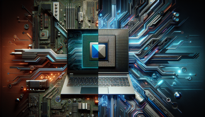 Procesor AMD Ryzen i Intel Core w laptopach i komputerach na futurystycznym tle.