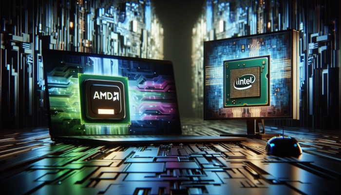 Procesor AMD i Intel na laptopie i komputerze, t?o z cyfrowymi wzorami obwodów.