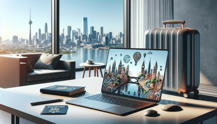 Laptop na nowoczesnym biurku w pokoju hotelowym, z widokiem na miasto.