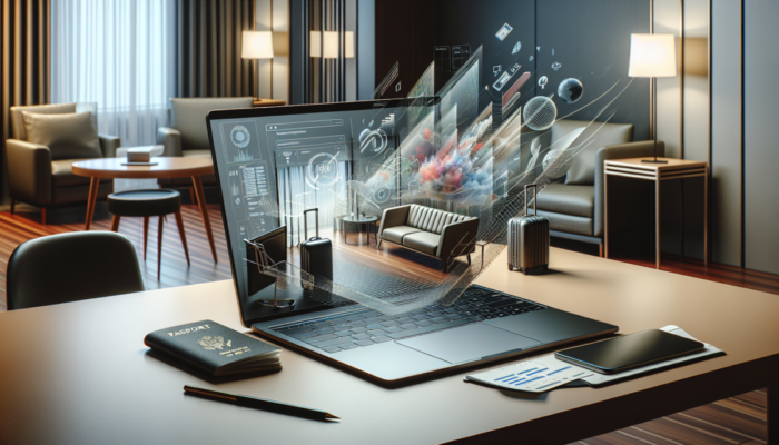 Laptop otwarty na nowoczesnym biurku w pokoju hotelowym, z paszportem i walizk?, podkre?laj?cy przeno?no?? i profesjonalne zastosowanie.