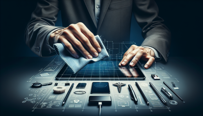 Osoba delikatnie czyszcz?ca ekran tabletu ?ciereczk? z mikrofibry, otoczona zestawem narz?dzi na nowoczesnym biurku.