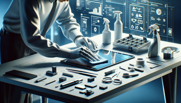 Osoba delikatnie czyszcz?ca ekran tabletu ?ciereczk? z mikrofibry, otoczona zestawem narz?dzi na nowoczesnym biurku.