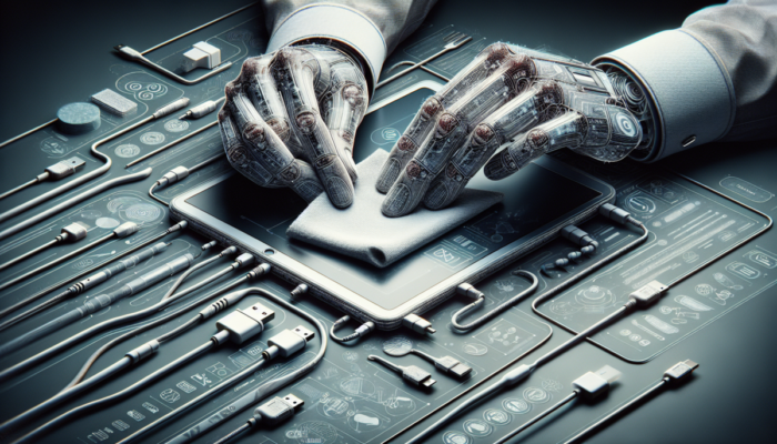 Osoba delikatnie czyszcz?ca ekran tabletu mi?kk? ?ciereczk?, otoczona kablami do ?adowania i etui ochronnym.