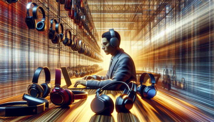 Osoba w bezprzewodowych s?uchawkach pracuj?ca przy laptopie w nowoczesnym biurze.