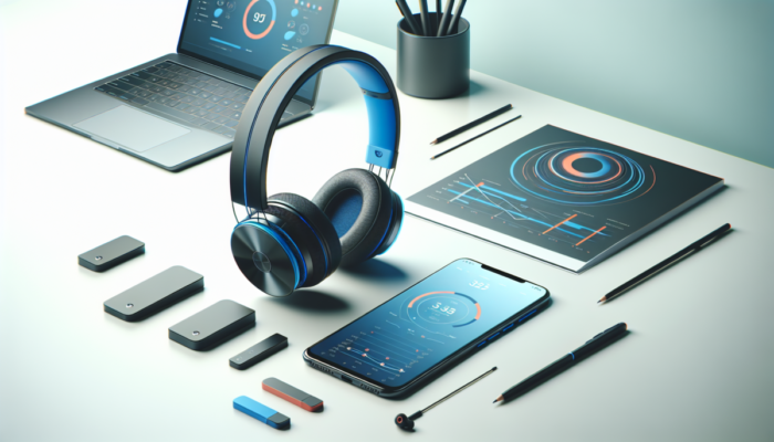 Bezprzewodowe s?uchawki do pracy w kolorach niebieskim i czarnym, z technologi? redukcji ha?asu, na minimalistycznym biurku z laptopem.