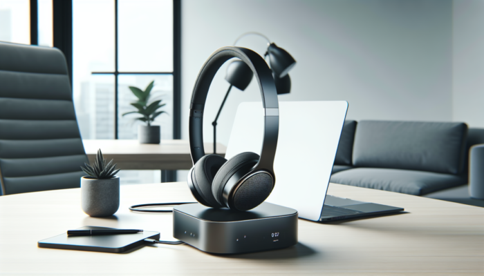 Bezprzewodowe s?uchawki z redukcj? ha?asu, wygodne nauszne poduszki, stacja dokuj?ca na minimalistycznym biurku z laptopem i ro?lin?.