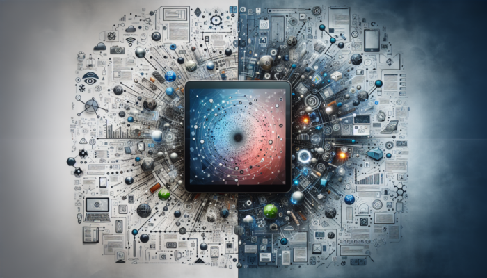 Tablet otoczony inteligentnymi urz?dzeniami, t?o pokazuje plusy i minusy zakupu.