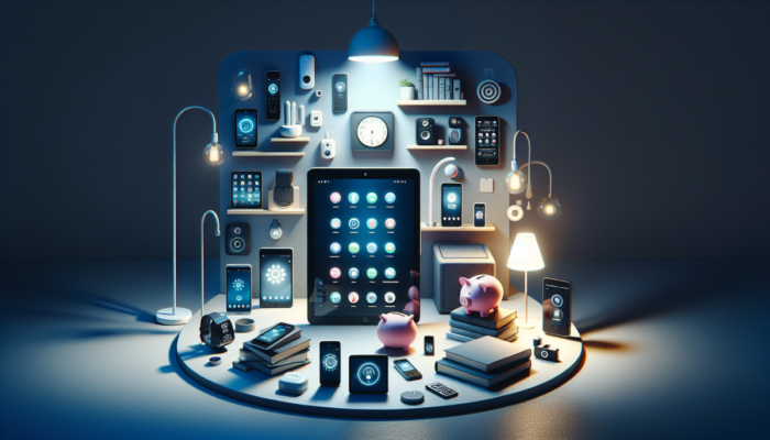 Nowoczesny tablet otoczony inteligentnymi urz?dzeniami, pokazuj?cy zalety i wady zakupu.