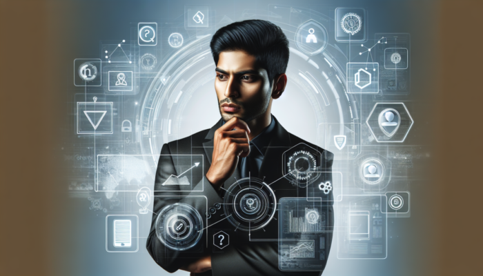 Osoba rozważaj?ca zakup tabletu w nowoczesnym, minimalistycznym otoczeniu z technologi? i ikonami.