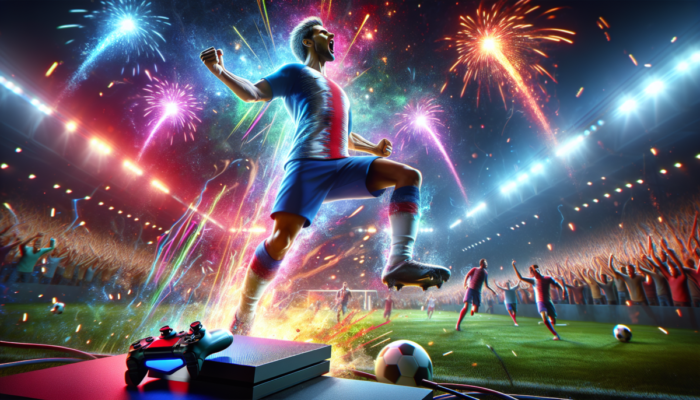 Pi?karz ?wi?tuj?cy hat-tricka w kolorowej grze konsolowej Sociable Soccer 25, z fajerwerkami i kibicami w tle.
