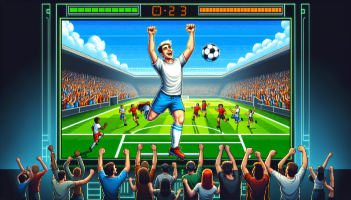 Wibruj?cy pi?karz ?wi?tuj?cy hat-tricka na kolorowym ekranie gry konsolowej w Sociable Soccer 25.