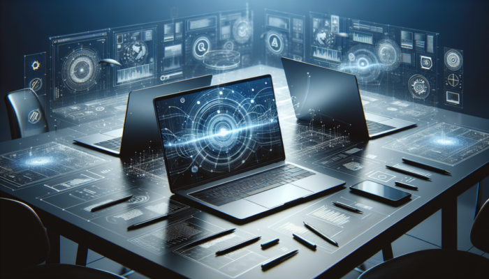 Laptopy z metalow? obudow? na nowoczesnym biurku, pokazuj?ce solidn? konstrukcj? i premium wyko?czenie, z etykietami zalet i wad.