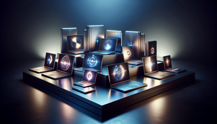 Laptopy z metalow? obudow? na nowoczesnym biurku, z pod?wietlonymi adnotacjami.