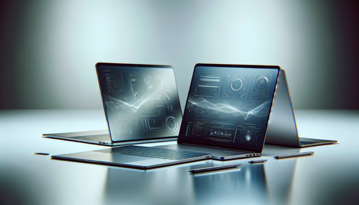 Laptopy z metalow? obudow? na bia?ym stole, podkre?laj?ce nowoczesny design i wytrzyma?o??.