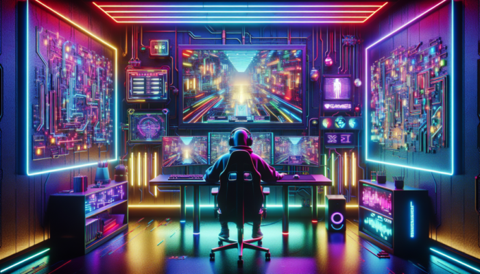 Streamer graj?cy na żywo, otoczony ekranami z danymi gry i czatem, z przewodnikiem krok po kroku, w neonowym wn?trzu.