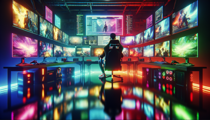 Kolorowe stanowisko do grania z wieloma ekranami, interfejsem oprogramowania do streamowania i skupionym graczem w wygodnym fotelu.