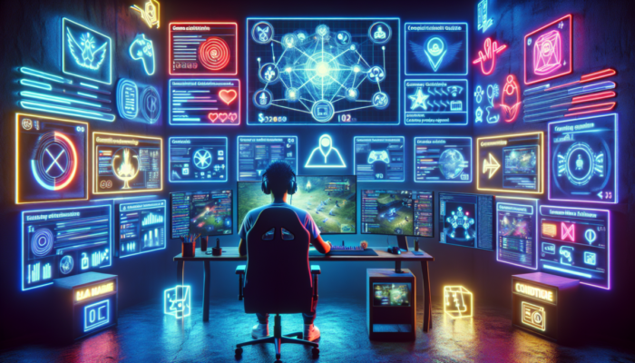 Streamer graj?cy na żywo, otoczony ekranami ze statystykami i czatem, przewodnik sukcesu na ?cianie, neonowe ?wiat?a.