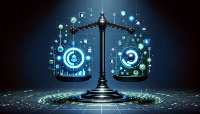 Futurystyczna skala cyfrowa z logo Windows 11 i 10, otoczona ikonami zalet i wad, na ciemnym tle.