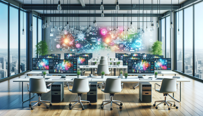 Komputery biurowe na nowoczesnych biurkach, otoczone ergonomicznymi krzes?ami i ro?linami, z ekranami pokazuj?cymi oprogramowanie do pracy i nauki, w jasnym, minimalistycznym otoczeniu.