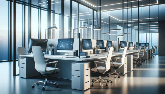 Komputery biurowe o wysokiej wydajno?ci, ergonomiczne krzes?a, nowoczesne wn?trze z minimalistycznym designem i naturalnym o?wietleniem.