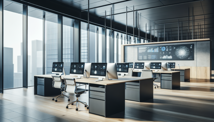 Komputery w nowoczesnym biurze, ergonomiczne krzes?a, duże okna z naturalnym ?wiat?em.