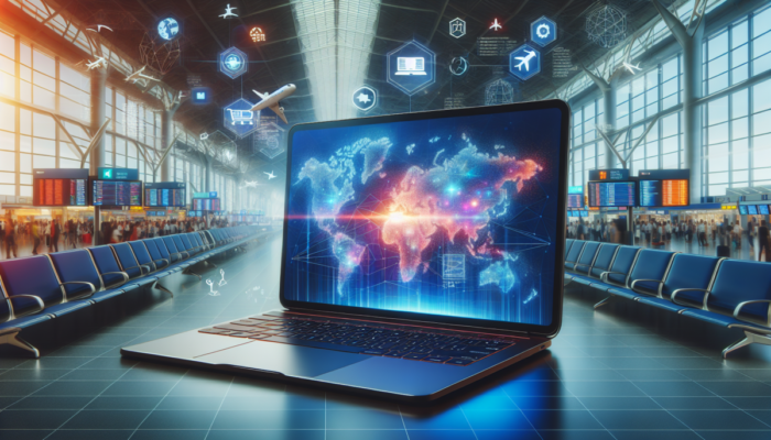 Laptop z jasnym ekranem na tle mapy ?wiata w ruchliwym lotnisku, symbolizuj?cy podróże i ??czno??.