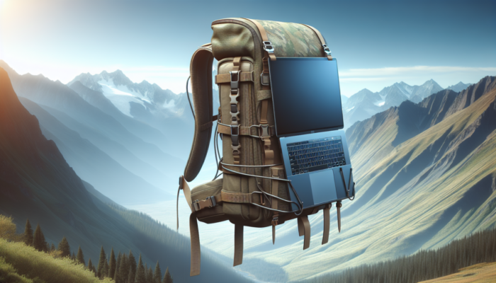 Laptop na plecaku podróżnika w górskim krajobrazie, podkre?laj?cy przeno?no?? i przygod?.
