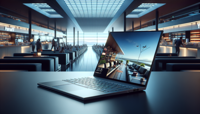 Laptop dla podróżuj?cych z wytrzyma?? obudow?, d?ugotrwa?? bateri? i ekranem wysokiej rozdzielczo?ci na tle saloniku lotniskowego.