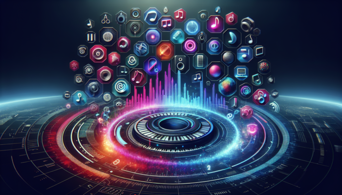 Kolorowy interfejs aplikacji do tworzenia muzyki z ikonami i falami dźwi?kowymi na tle przysz?o?ciowym.