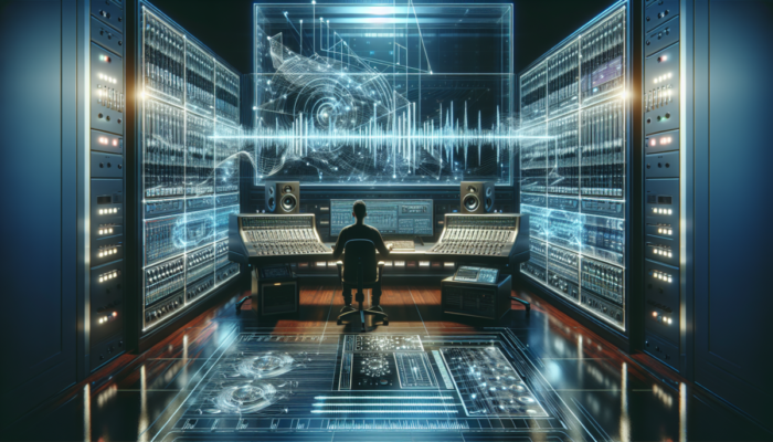 Futurystyczne studio muzyczne z zaawansowanymi stacjami roboczymi, wibracjami dźwi?ku i muzykiem tworz?cym muzyk? na dotykowym ekranie.