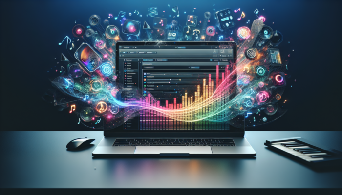 Kolorowy interfejs z najlepszymi aplikacjami do tworzenia muzyki na nowoczesnym laptopie.