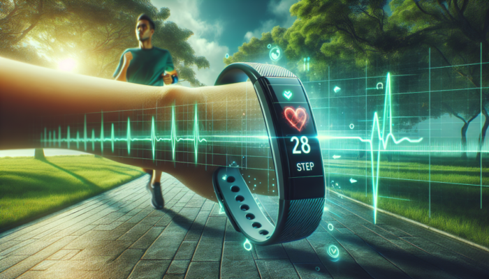 Nowoczesna smartband na nadgarstku, pokazuj?ca t?tno i kroki, na tle biegn?cej osoby w parku.