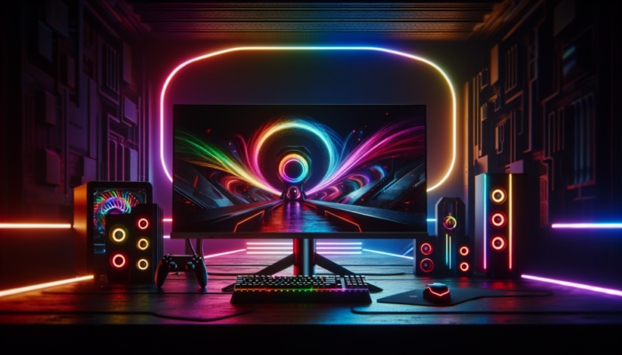 Monitor gamingowy z regulowanym stojakiem, żywymi kolorami i minimalnym obramowaniem, w ciemnym, futurystycznym otoczeniu z o?wietleniem RGB i akcesoriami gamingowymi.