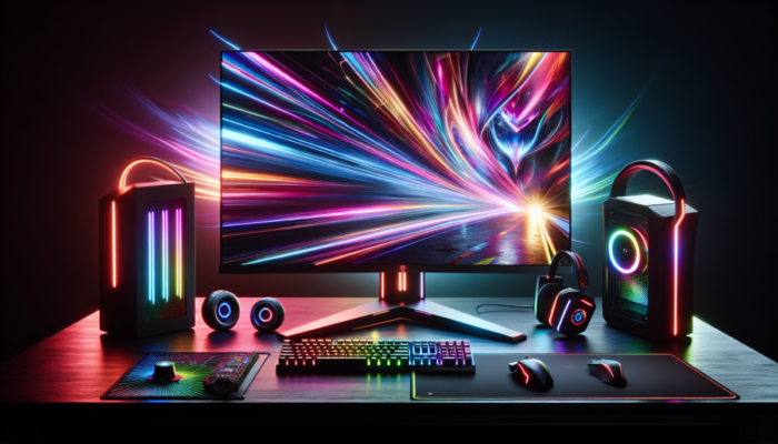 Monitor gamingowy z nowoczesnym designem, żywymi kolorami i wysokim od?wieżaniem, na biurku z akcesoriami gamingowymi i o?wietleniem RGB.