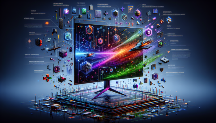 Monitor gamingowy z żywymi kolorami i ostrymi detalami, otoczony kluczowymi specyfikacjami i poradami zakupowymi.