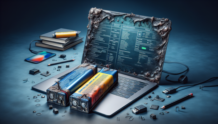 Zużyta bateria laptopa z widocznymi oznakami korozji i p?cznienia, obok nowej baterii na technicznym tle.